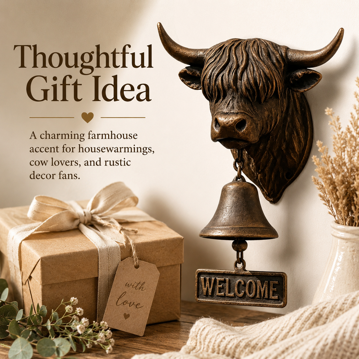 Highland Cow Welcome Bell, Rustic Farmhouse Wall-Mounted Resin Cow Head Door Bell with Metal Bell & Welcome Sign