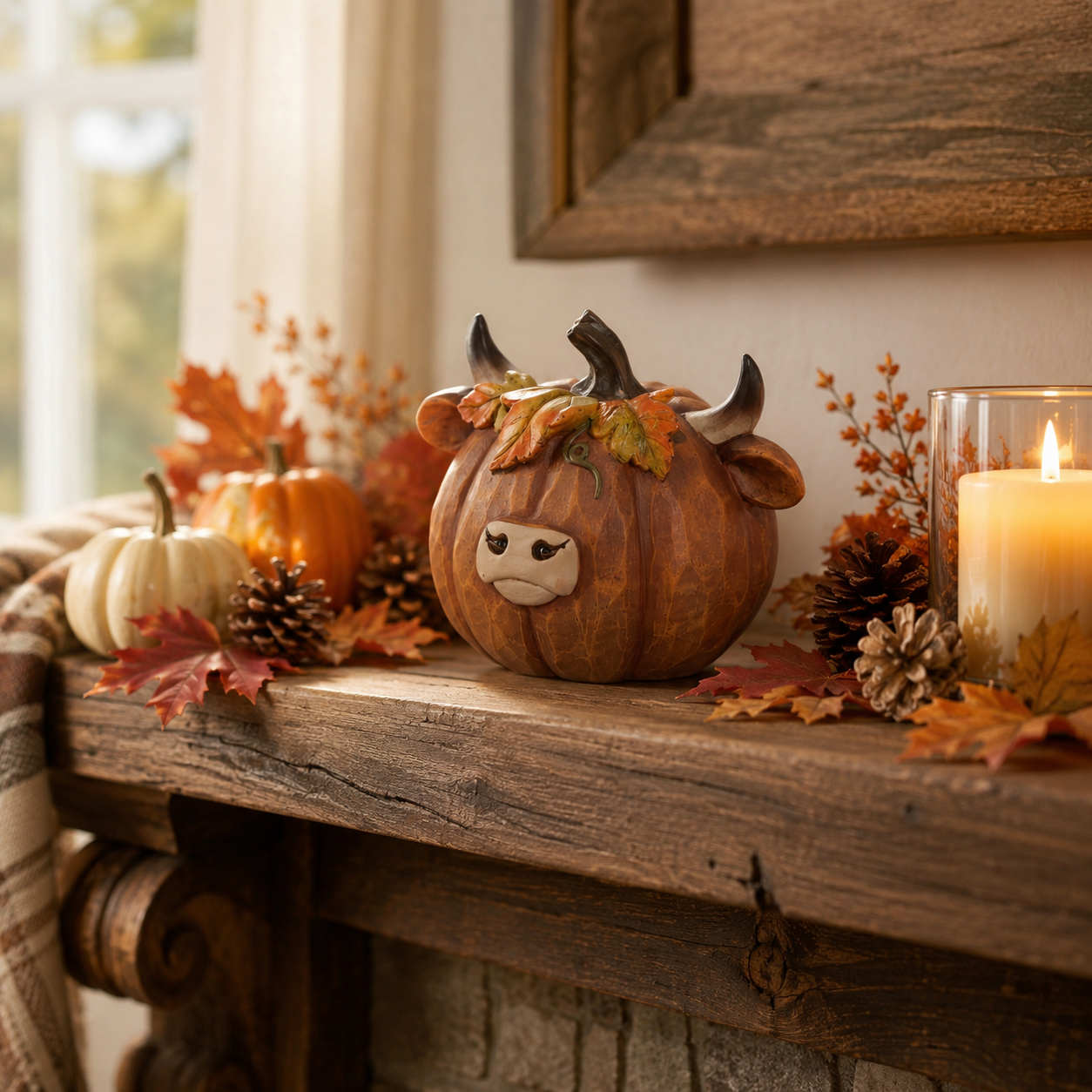 Highland Cow Pumpkin Decor, Hand-Painted Resin Fall Figurine