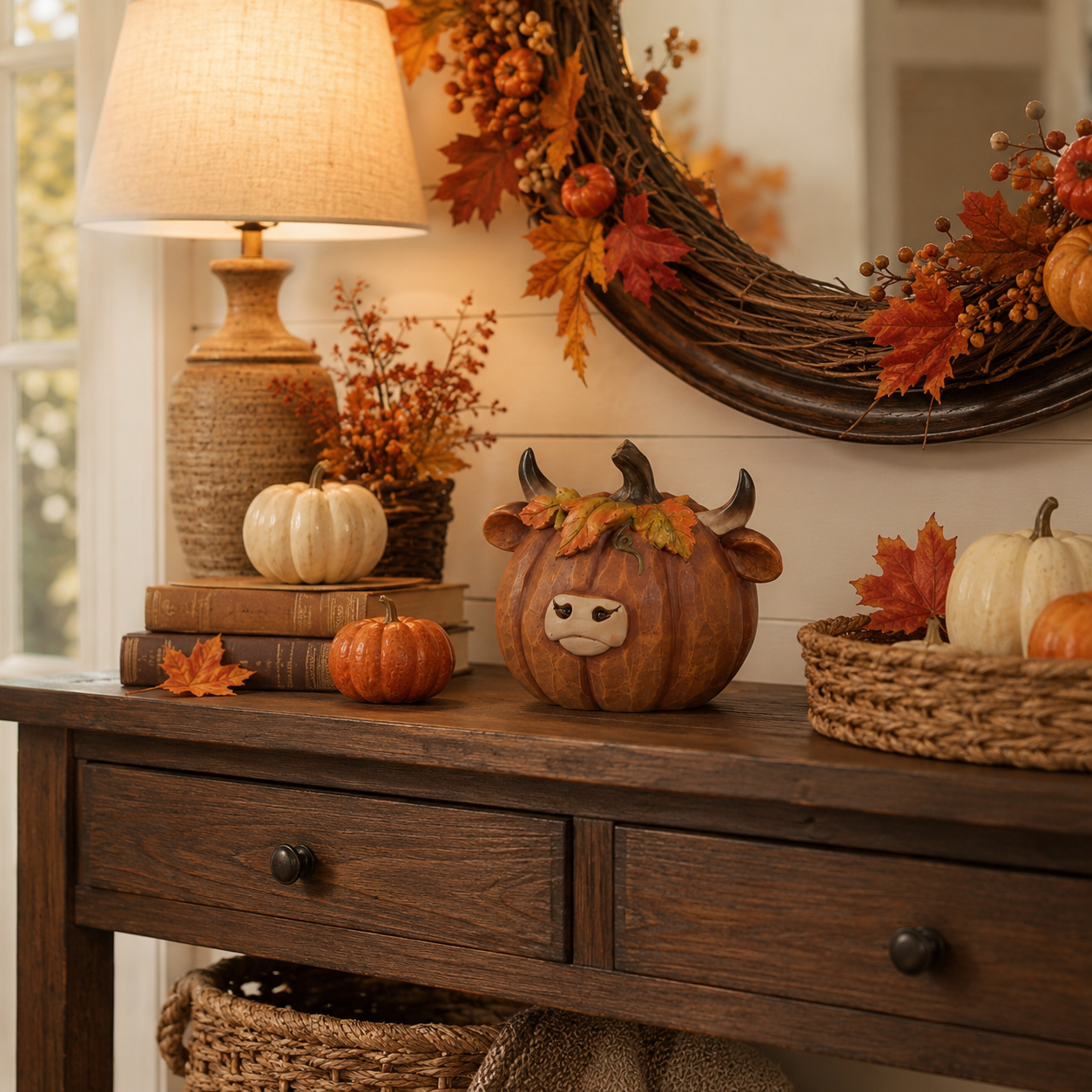 Highland Cow Pumpkin Decor, Hand-Painted Resin Fall Figurine