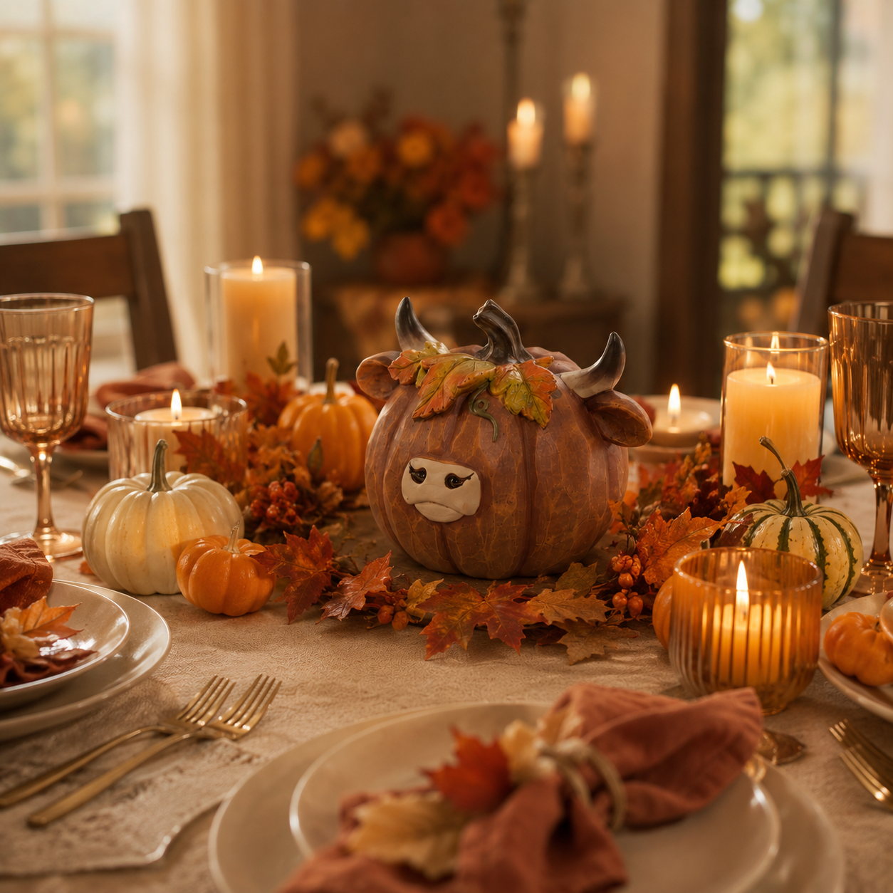 Highland Cow Pumpkin Decor, Hand-Painted Resin Fall Figurine