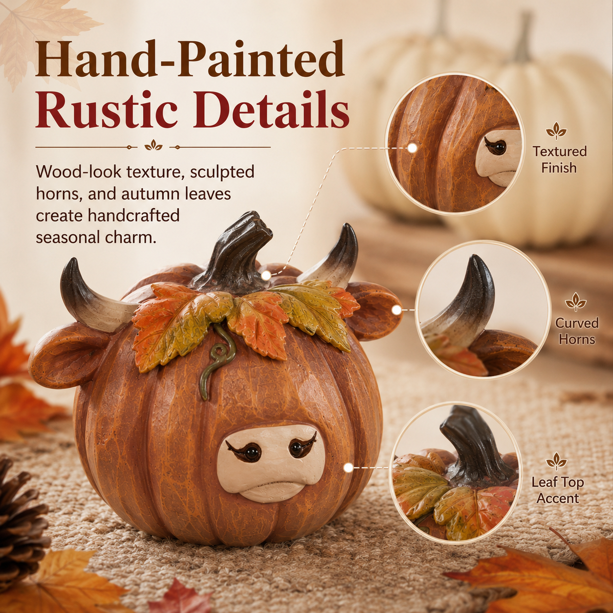 Highland Cow Pumpkin Decor, Hand-Painted Resin Fall Figurine