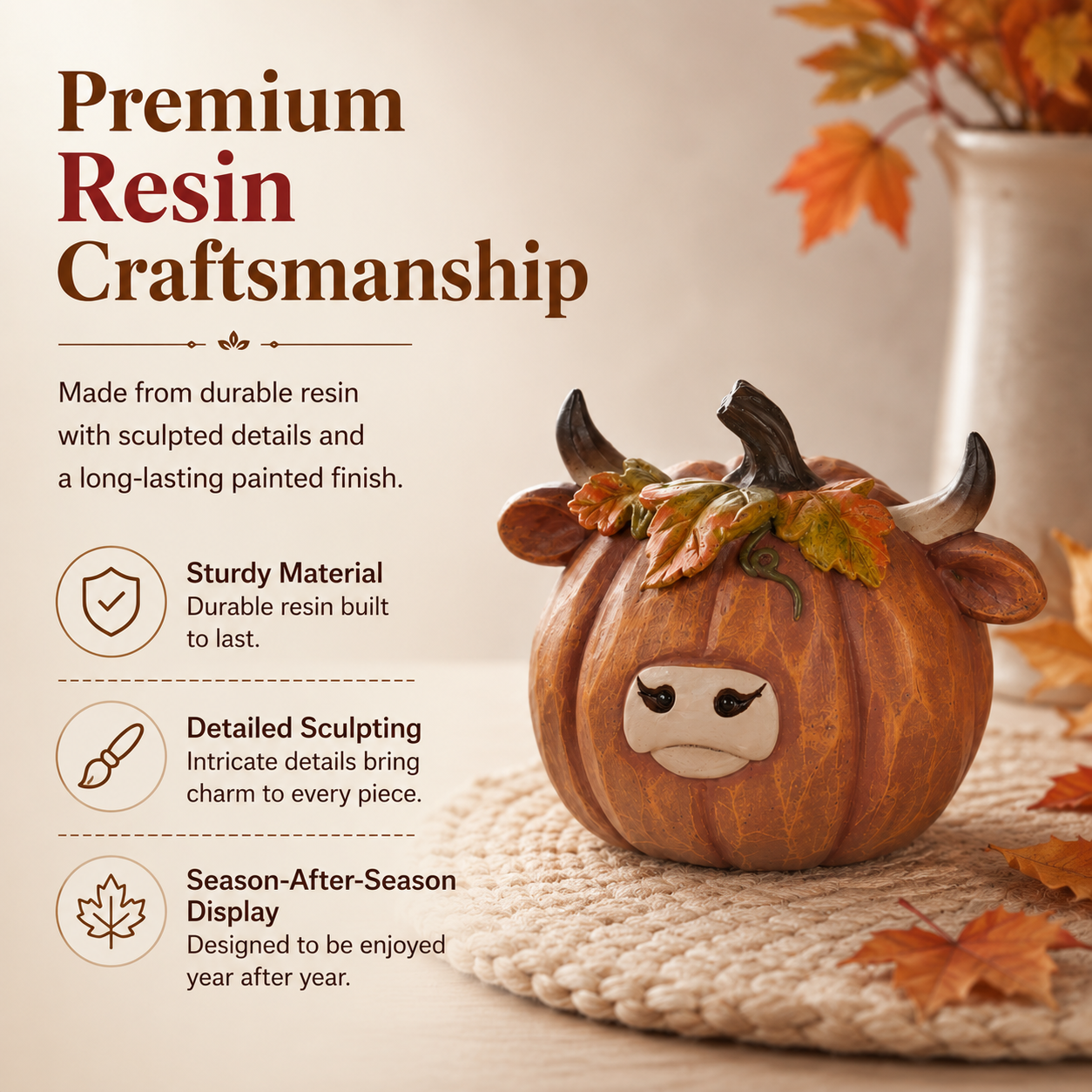 Highland Cow Pumpkin Decor, Hand-Painted Resin Fall Figurine