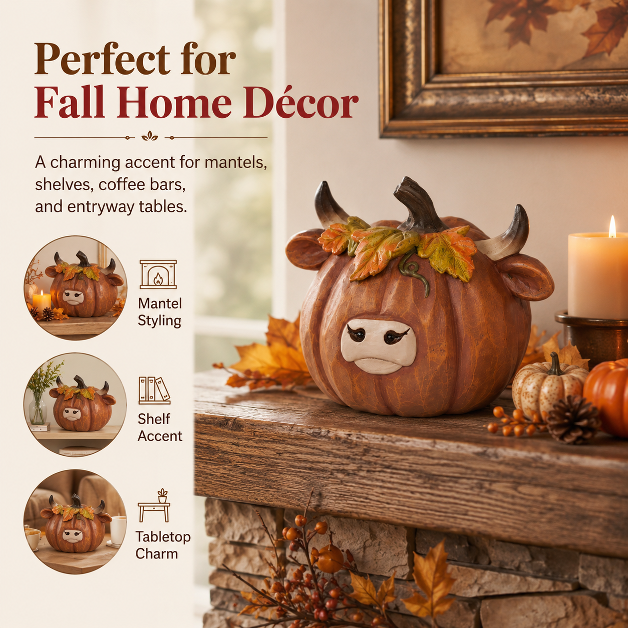 Highland Cow Pumpkin Decor, Hand-Painted Resin Fall Figurine