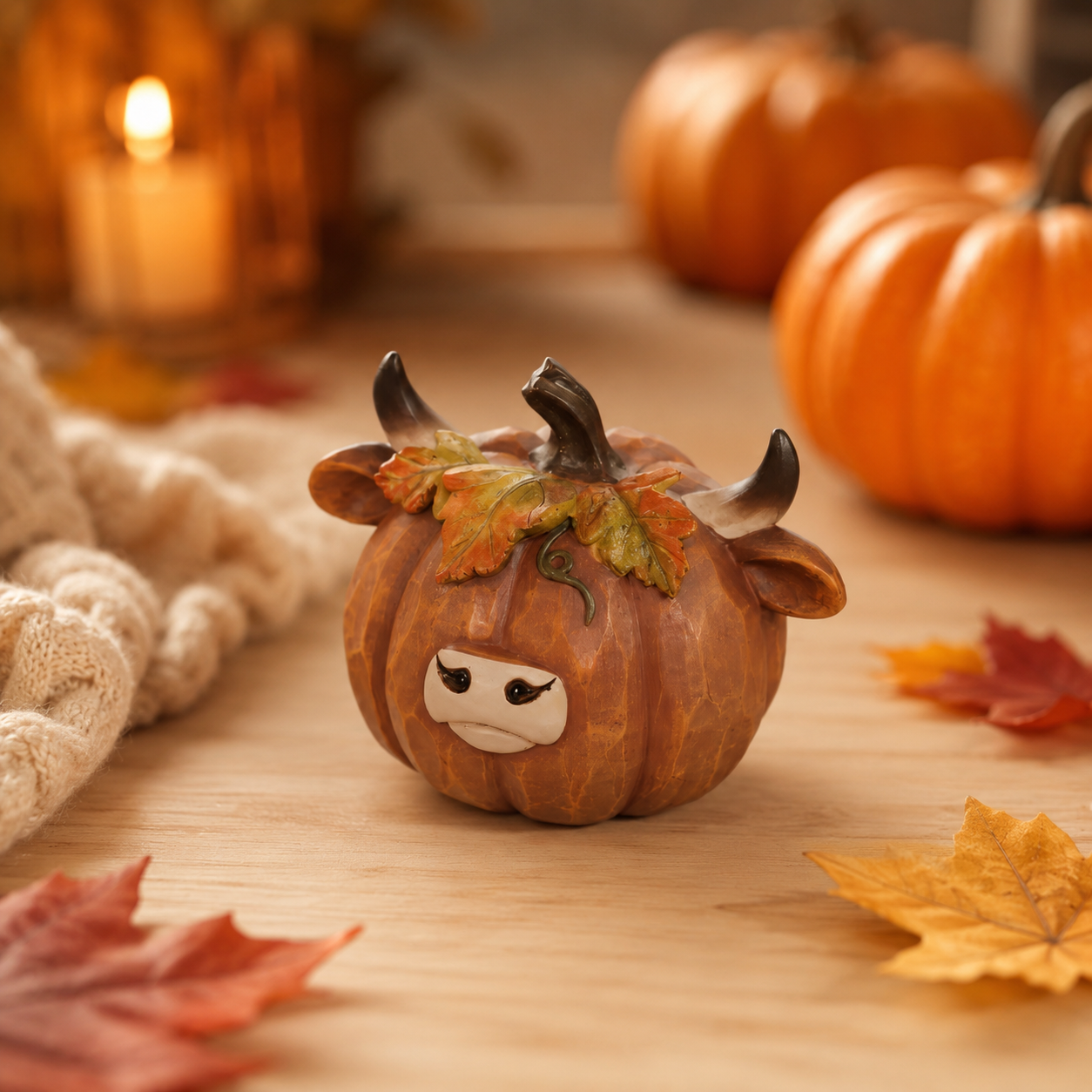 Highland Cow Pumpkin Decor, Hand-Painted Resin Fall Figurine