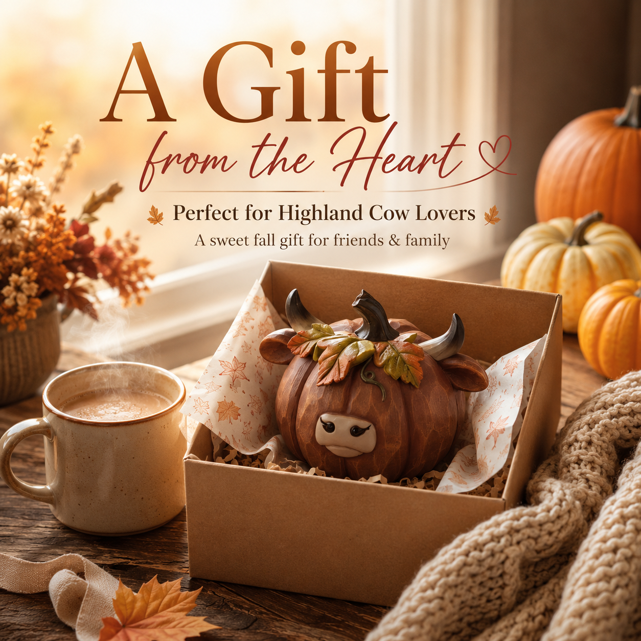 Highland Cow Pumpkin Decor, Hand-Painted Resin Fall Figurine
