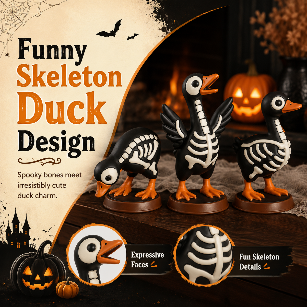Halloween Skeleton Duck Figurines Set, 3-Piece Spooky Tabletop Goose Decor