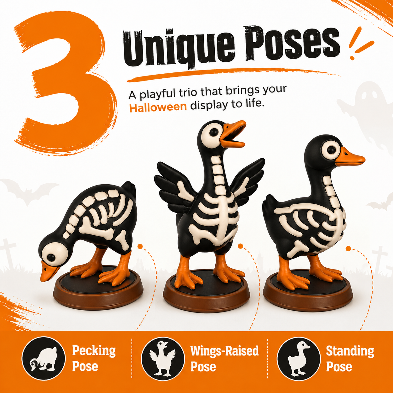 Halloween Skeleton Duck Figurines Set, 3-Piece Spooky Tabletop Goose Decor