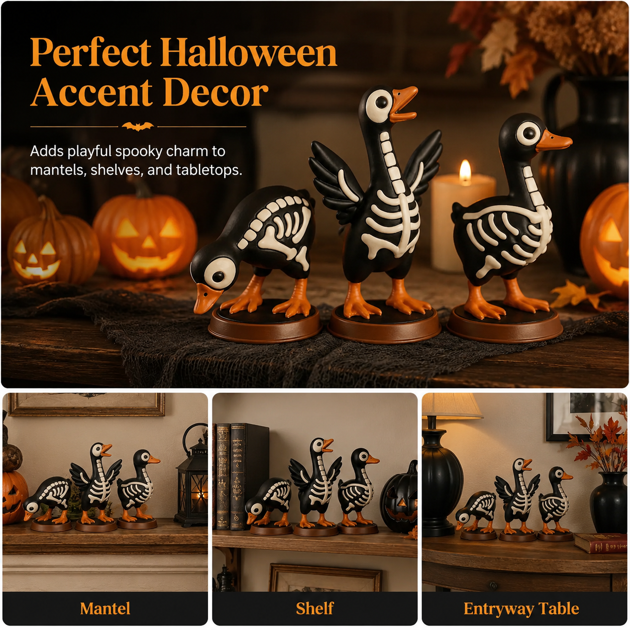 Halloween Skeleton Duck Figurines Set, 3-Piece Spooky Tabletop Goose Decor