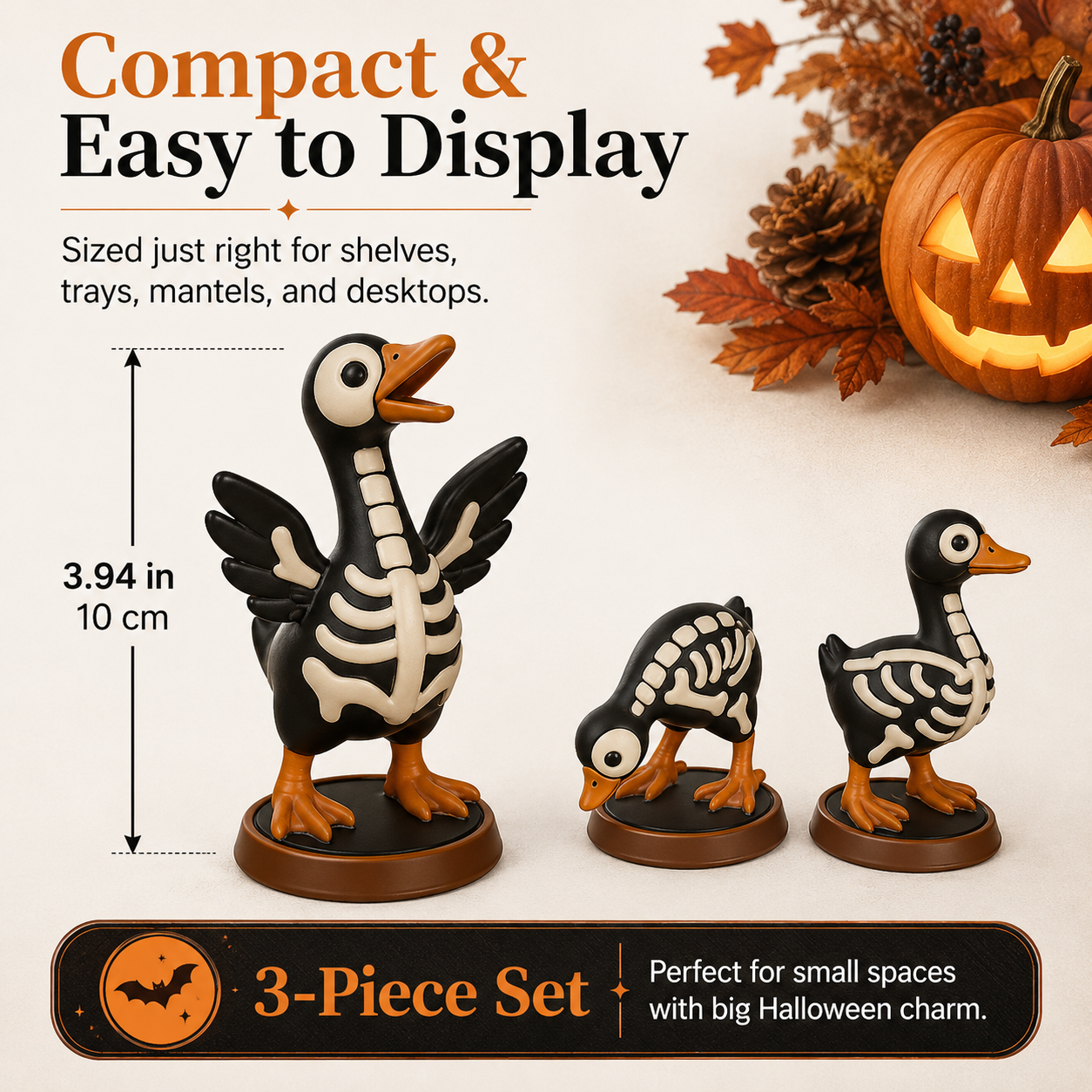 Halloween Skeleton Duck Figurines Set, 3-Piece Spooky Tabletop Goose Decor