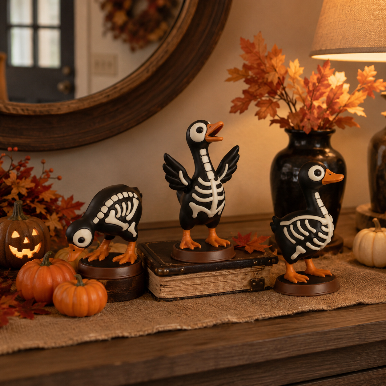 Halloween Skeleton Duck Figurines Set, 3-Piece Spooky Tabletop Goose Decor