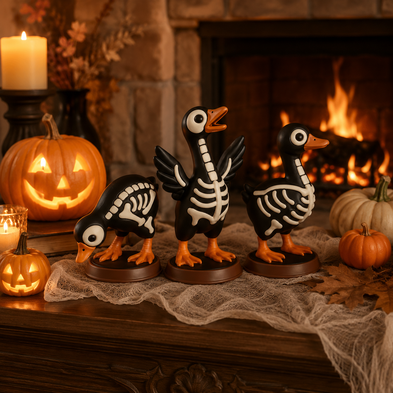 Halloween Skeleton Duck Figurines Set, 3-Piece Spooky Tabletop Goose Decor