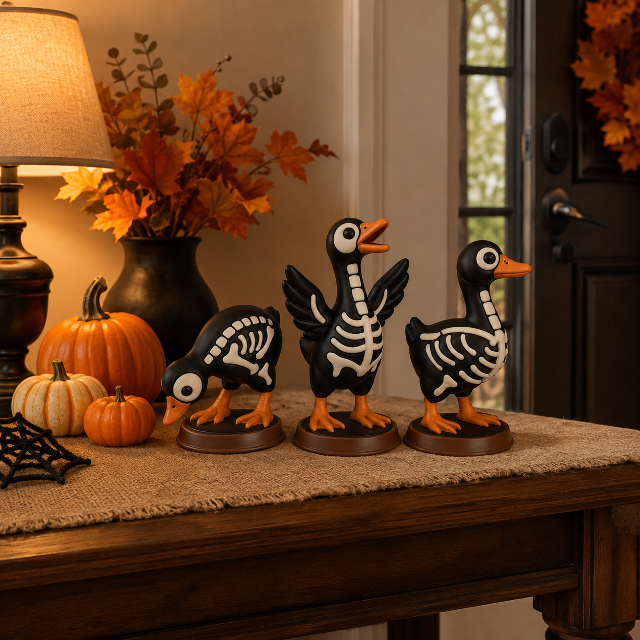 Halloween Skeleton Duck Figurines Set, 3-Piece Spooky Tabletop Goose Decor
