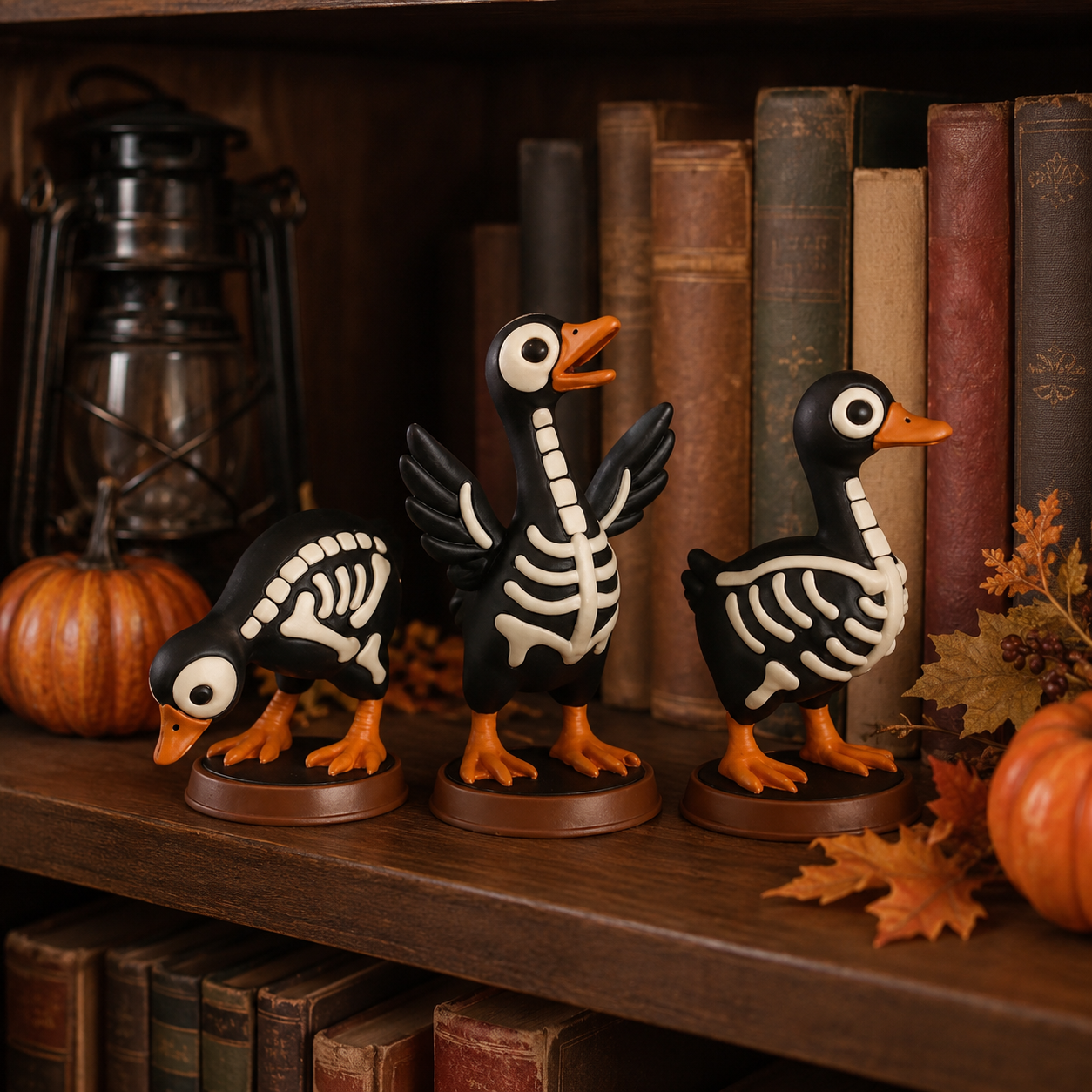 Halloween Skeleton Duck Figurines Set, 3-Piece Spooky Tabletop Goose Decor