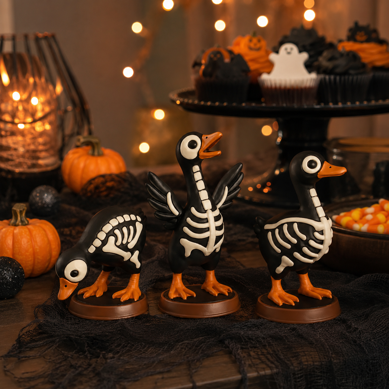 Halloween Skeleton Duck Figurines Set, 3-Piece Spooky Tabletop Goose Decor