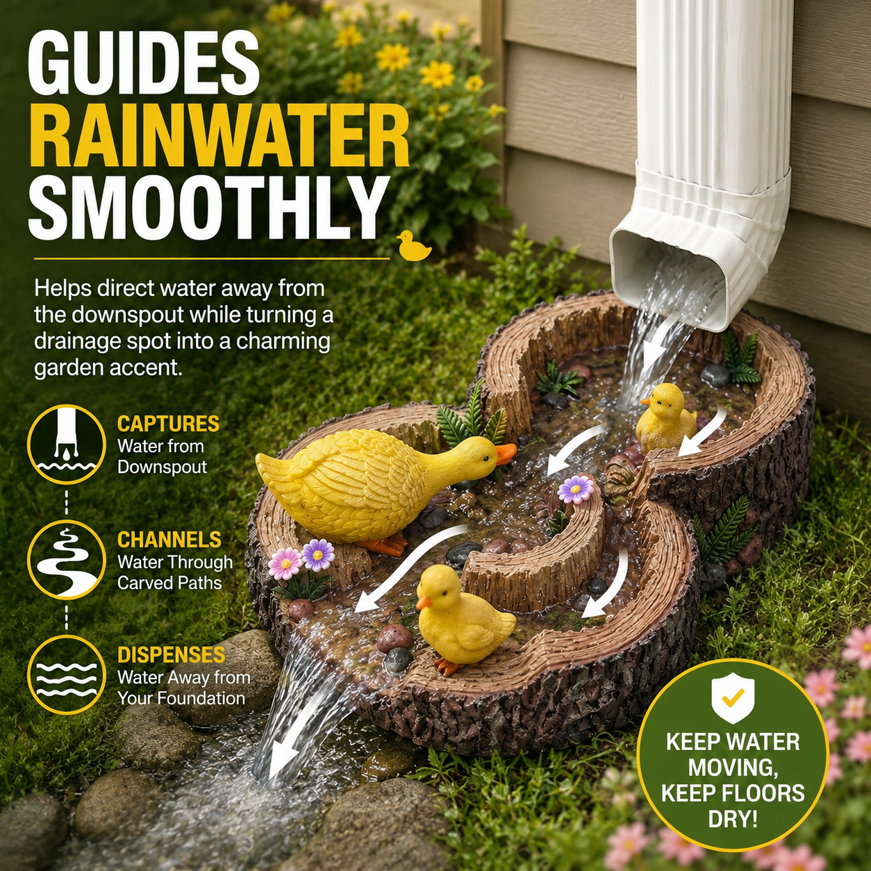 Duck Tree Stump Downspout Splash Block, Resin Rain Gutter Drainage Decor