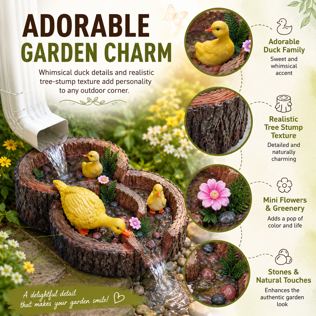 Duck Tree Stump Downspout Splash Block, Resin Rain Gutter Drainage Decor