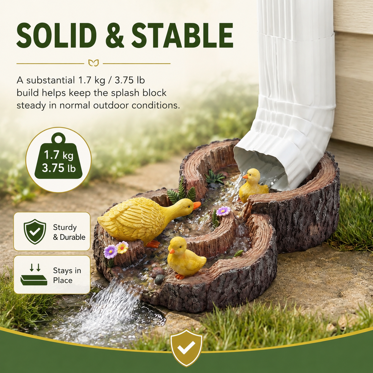 Duck Tree Stump Downspout Splash Block, Resin Rain Gutter Drainage Decor