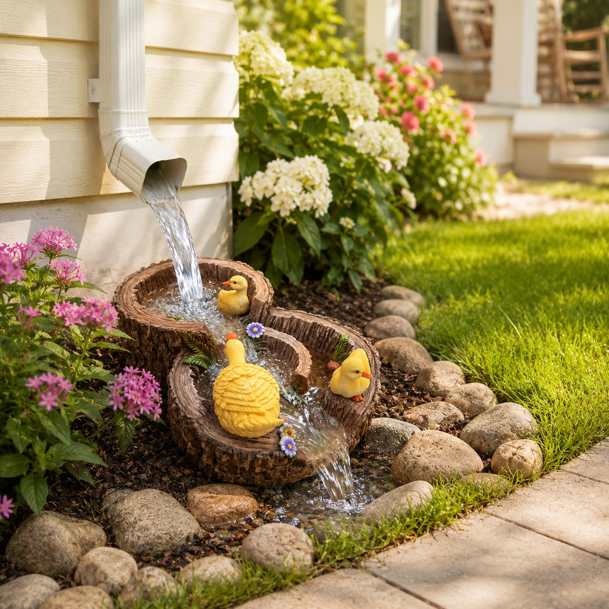 Duck Tree Stump Downspout Splash Block, Resin Rain Gutter Drainage Decor