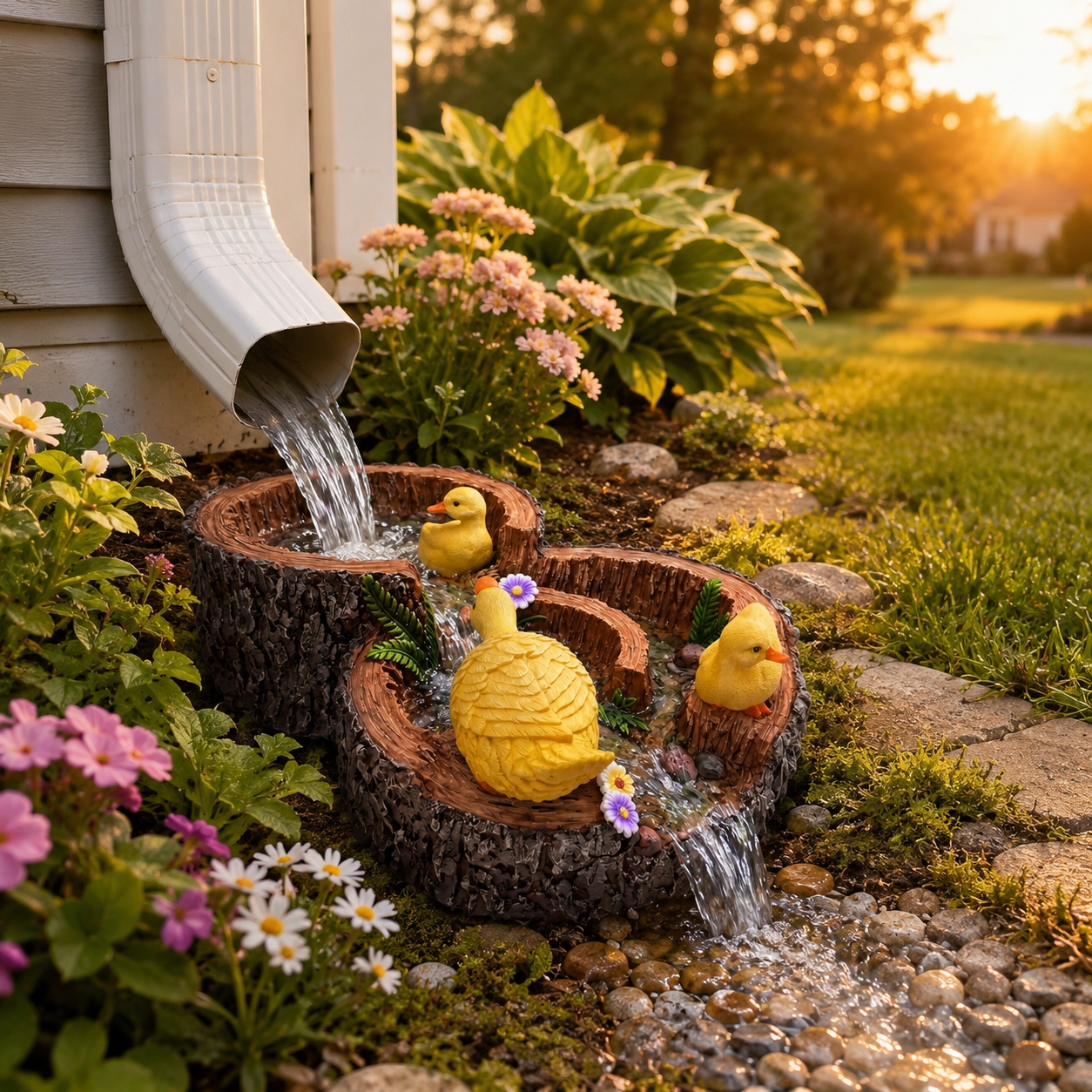 Duck Tree Stump Downspout Splash Block, Resin Rain Gutter Drainage Decor