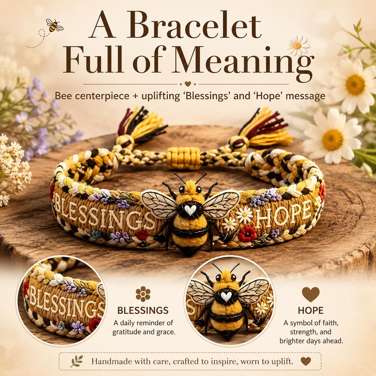 Bee Blessings Handwoven Bracelet, Inspirational Hope Bracelet with Tassel Tie Gift for Women and Girls