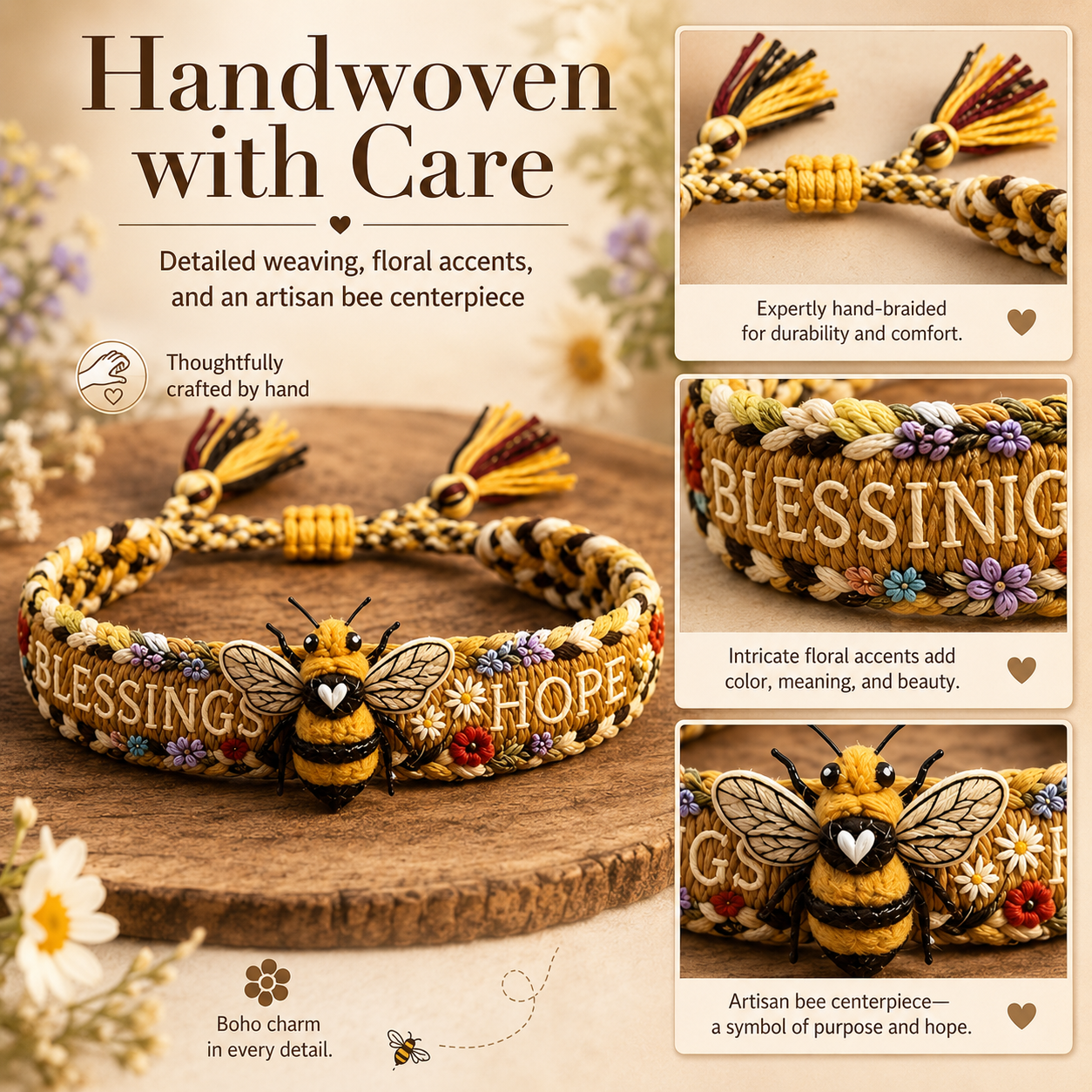 Bee Blessings Handwoven Bracelet, Inspirational Hope Bracelet with Tassel Tie Gift for Women and Girls