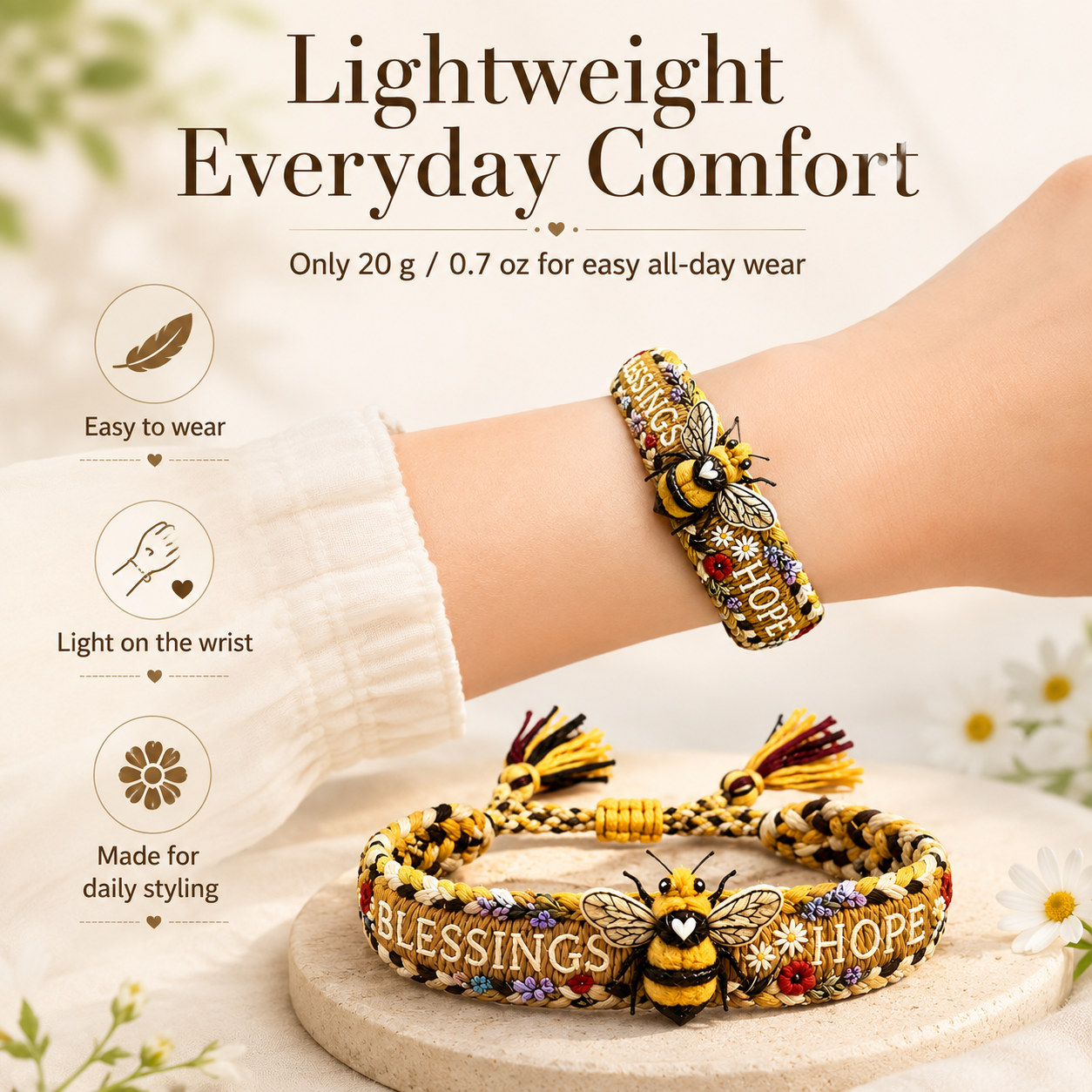 Bee Blessings Handwoven Bracelet, Inspirational Hope Bracelet with Tassel Tie Gift for Women and Girls