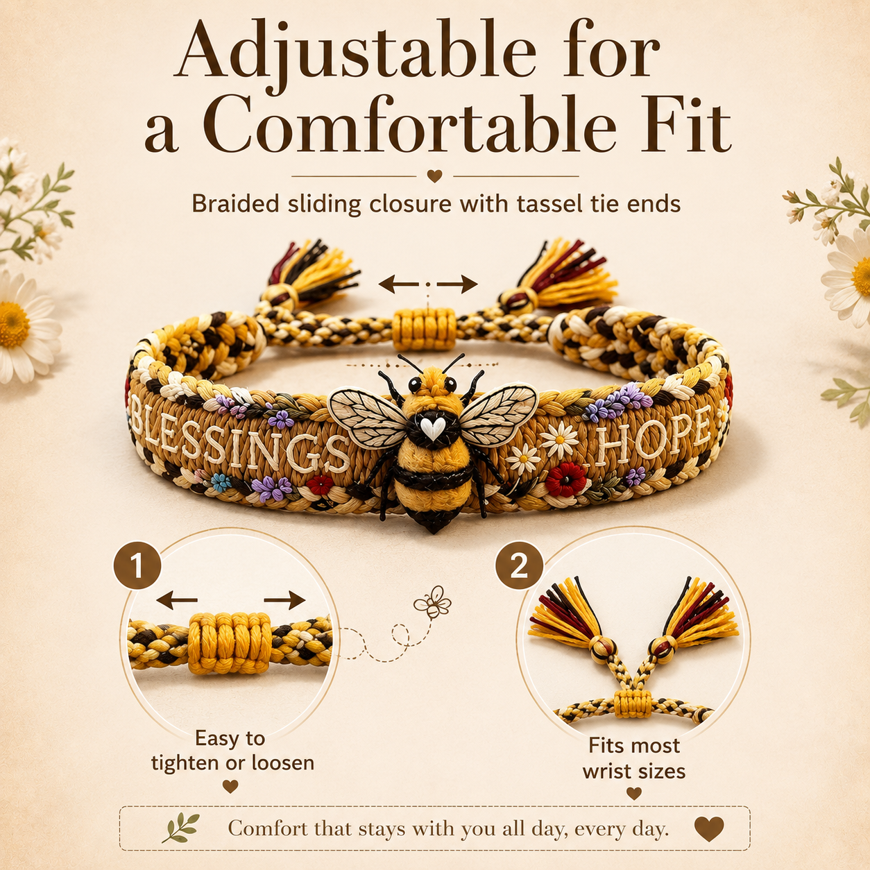 Bee Blessings Handwoven Bracelet, Inspirational Hope Bracelet with Tassel Tie Gift for Women and Girls