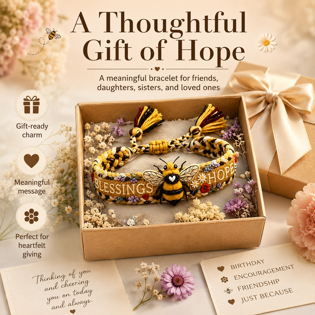 Bee Blessings Handwoven Bracelet, Inspirational Hope Bracelet with Tassel Tie Gift for Women and Girls