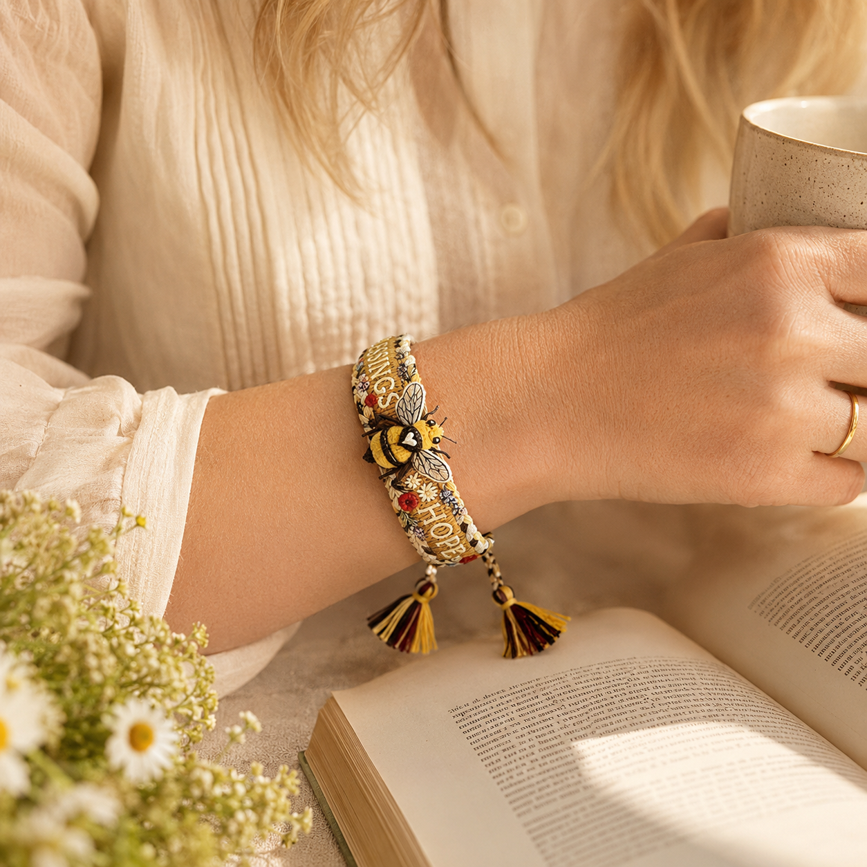 Bee Blessings Handwoven Bracelet, Inspirational Hope Bracelet with Tassel Tie Gift for Women and Girls