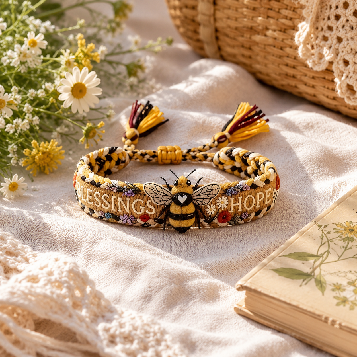 Bee Blessings Handwoven Bracelet, Inspirational Hope Bracelet with Tassel Tie Gift for Women and Girls