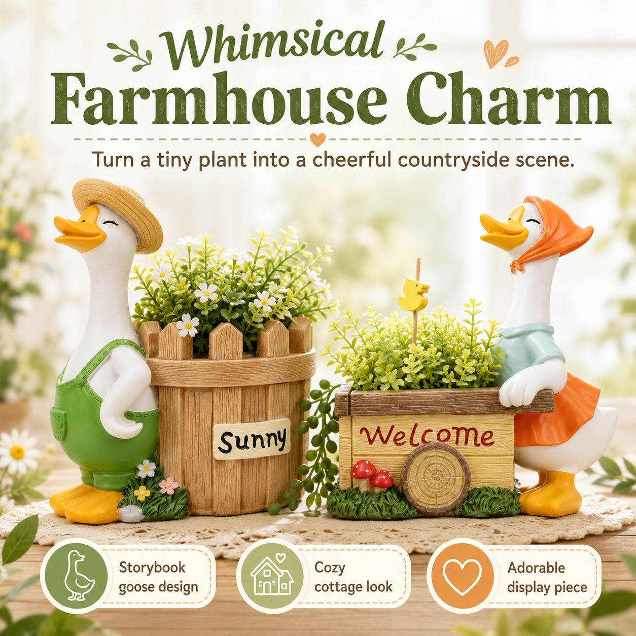 Farm Story Cartoon Goose Succulent Planter Pot, Cute Resin Goose Flower Pot for Desk, Shelf, Patio & Garden Decor