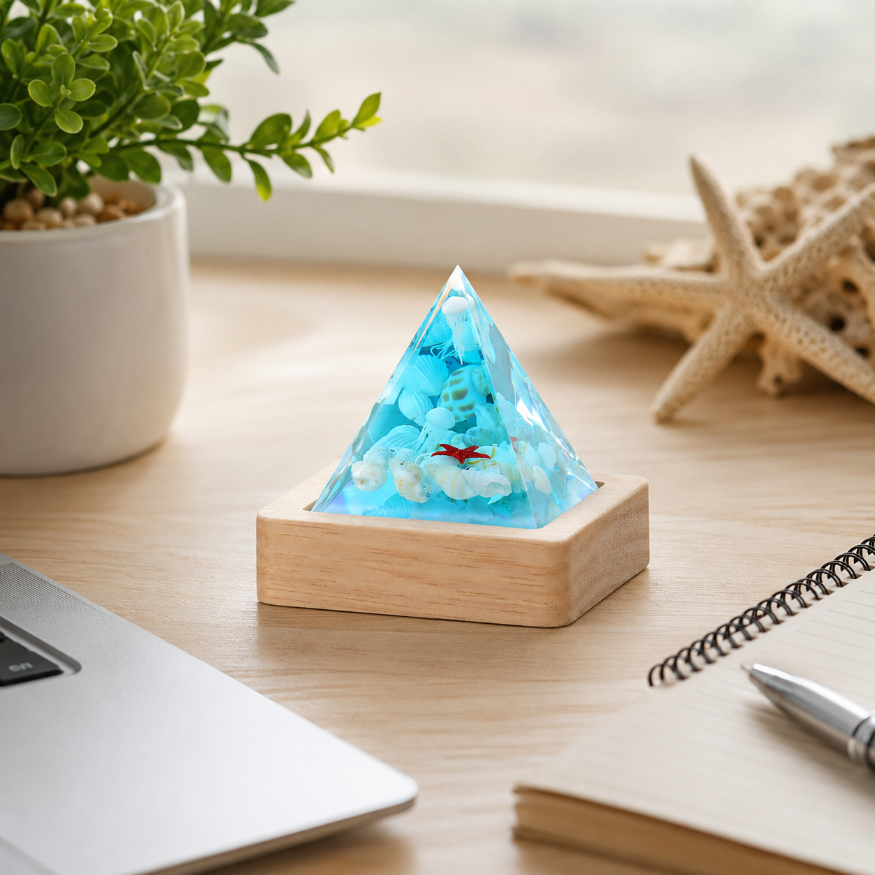 Ocean Pyramid Night Light, Mini Resin Sea Scene Lamp with Wood Base