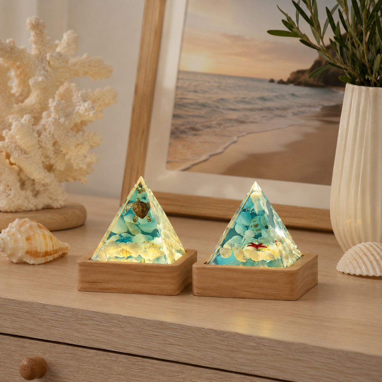 Ocean Pyramid Night Light, Mini Resin Sea Scene Lamp with Wood Base