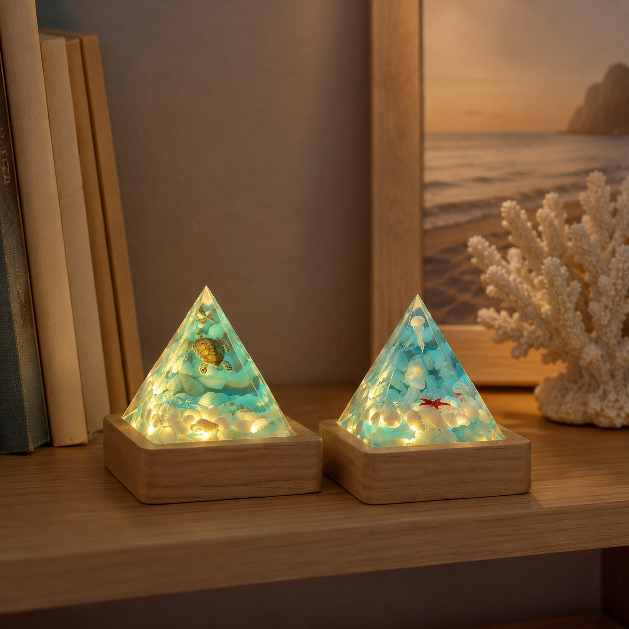 Ocean Pyramid Night Light, Mini Resin Sea Scene Lamp with Wood Base