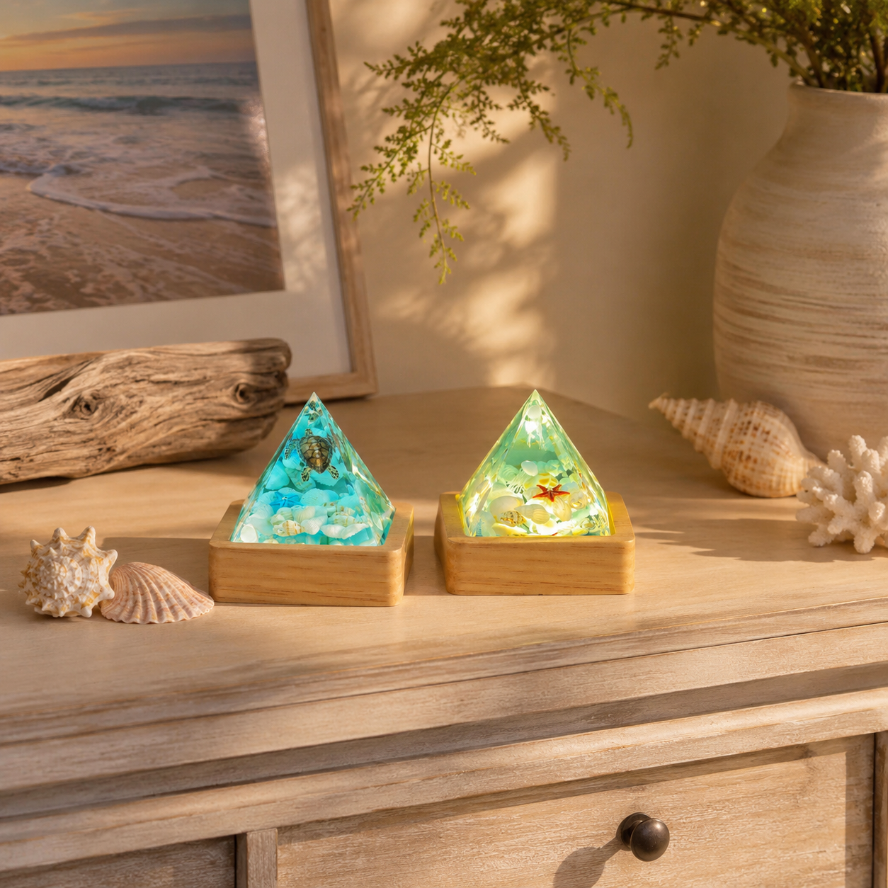 Ocean Pyramid Night Light, Mini Resin Sea Scene Lamp with Wood Base