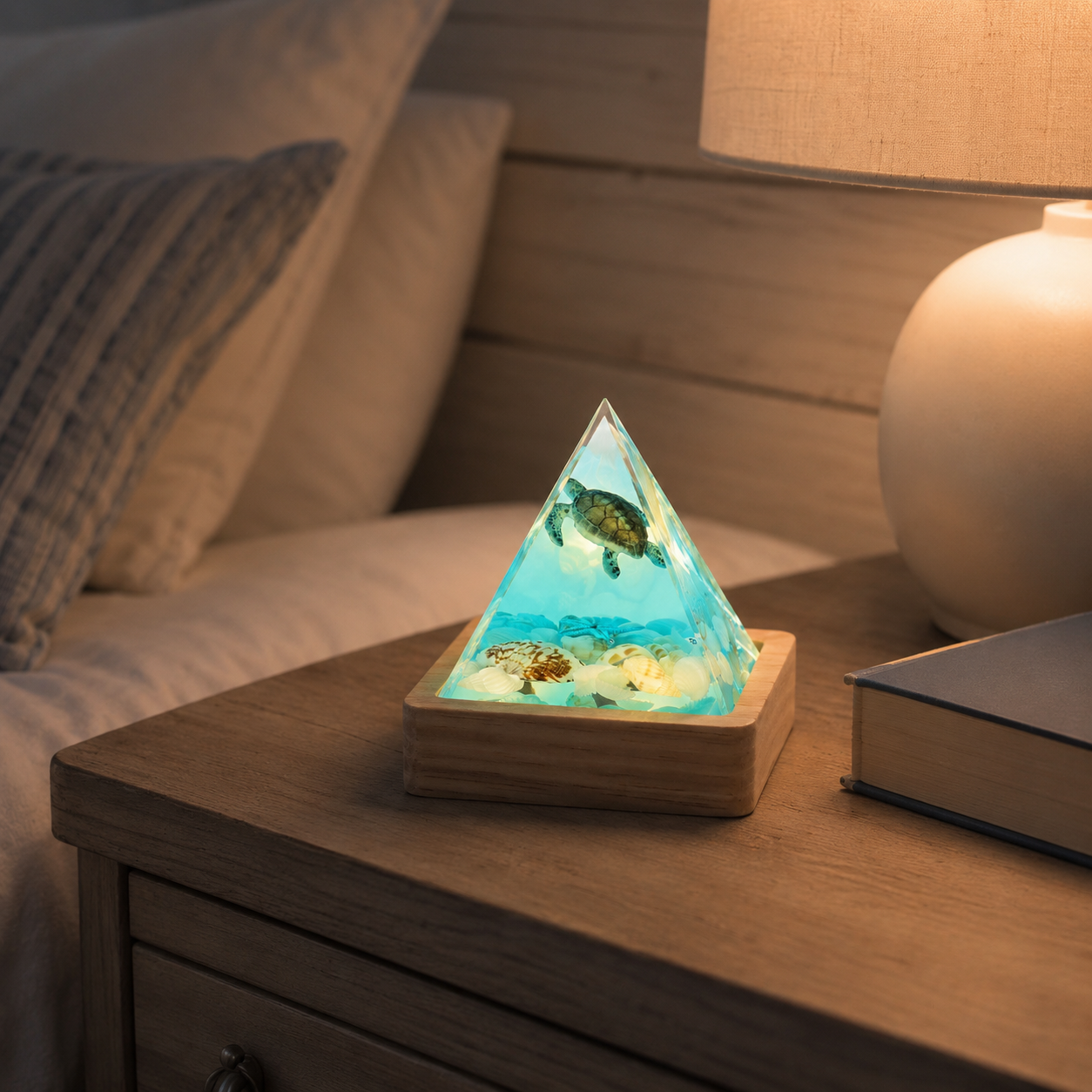 Ocean Pyramid Night Light, Mini Resin Sea Scene Lamp with Wood Base