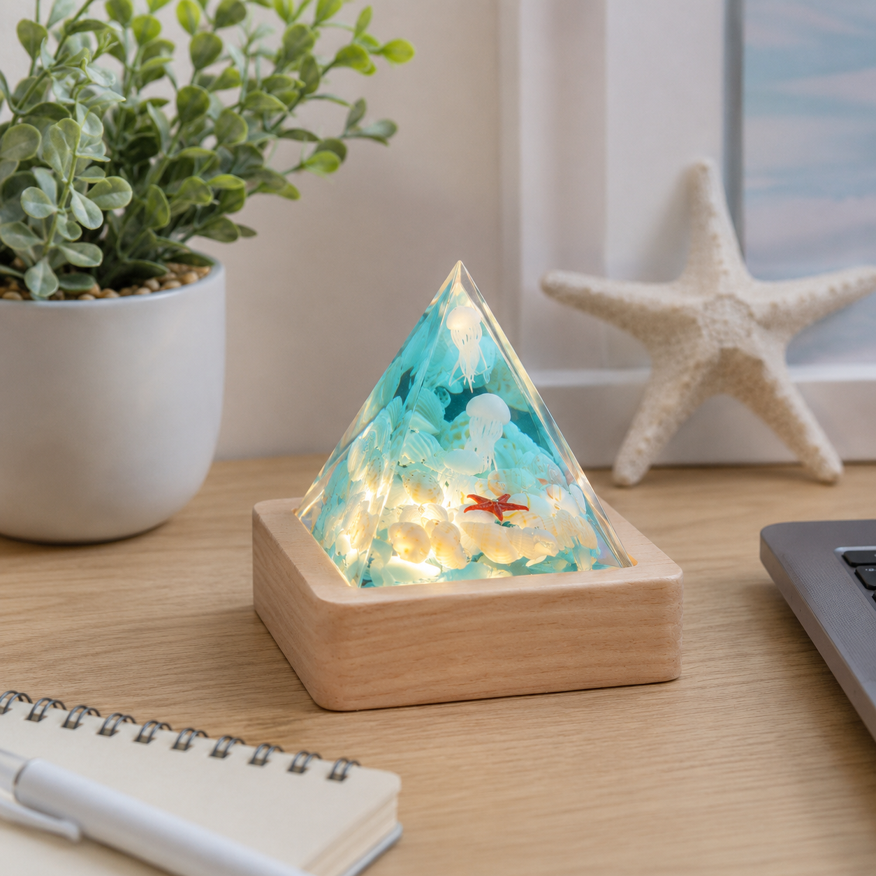 Ocean Pyramid Night Light, Mini Resin Sea Scene Lamp with Wood Base