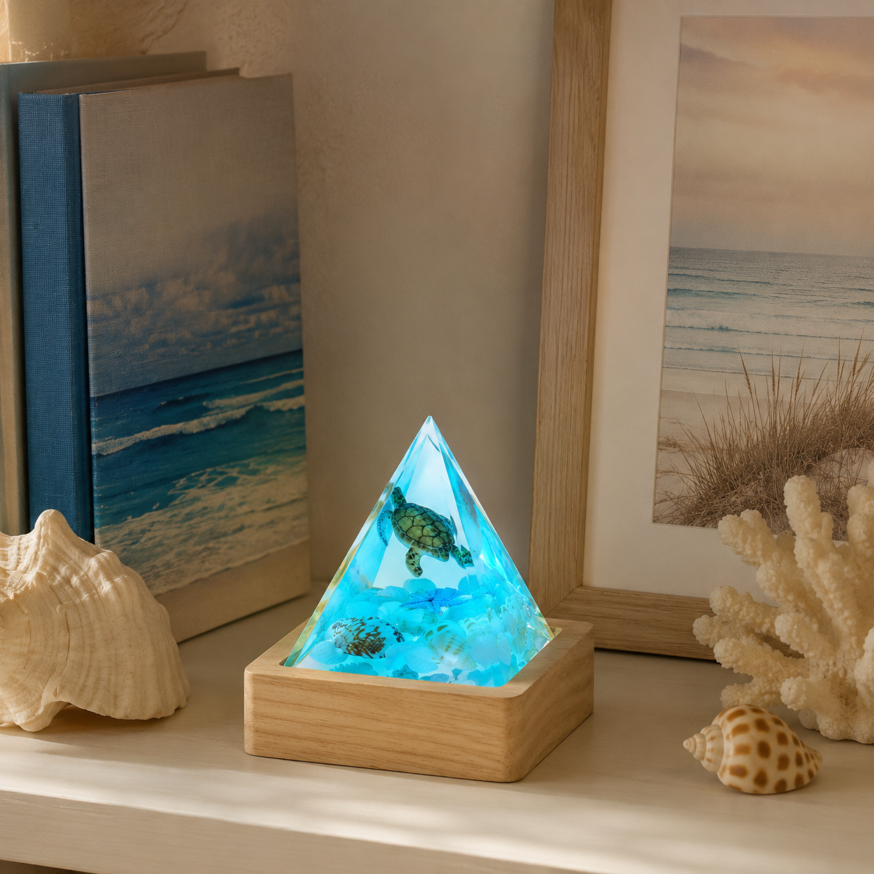 Ocean Pyramid Night Light, Mini Resin Sea Scene Lamp with Wood Base