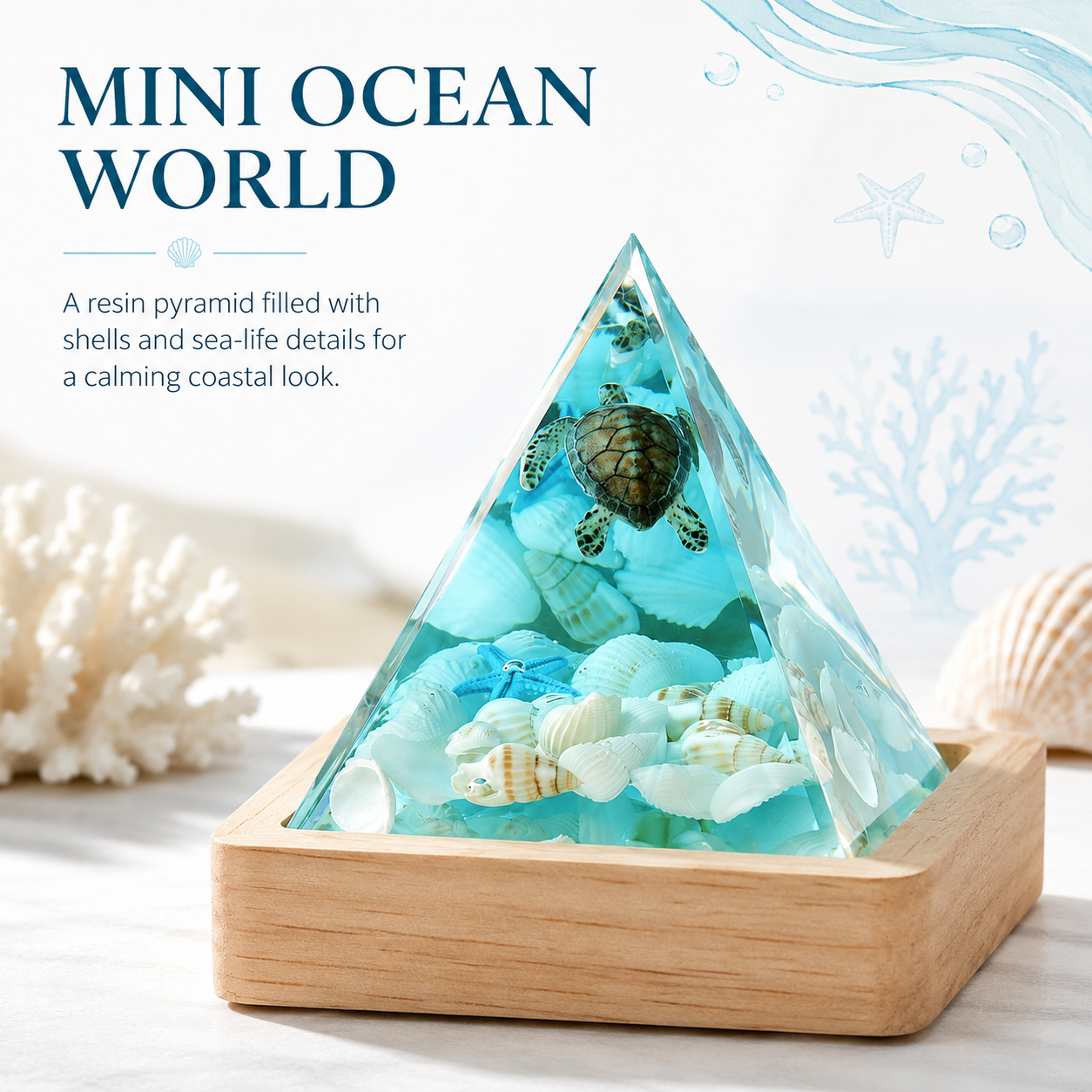 Ocean Pyramid Night Light, Mini Resin Sea Scene Lamp with Wood Base