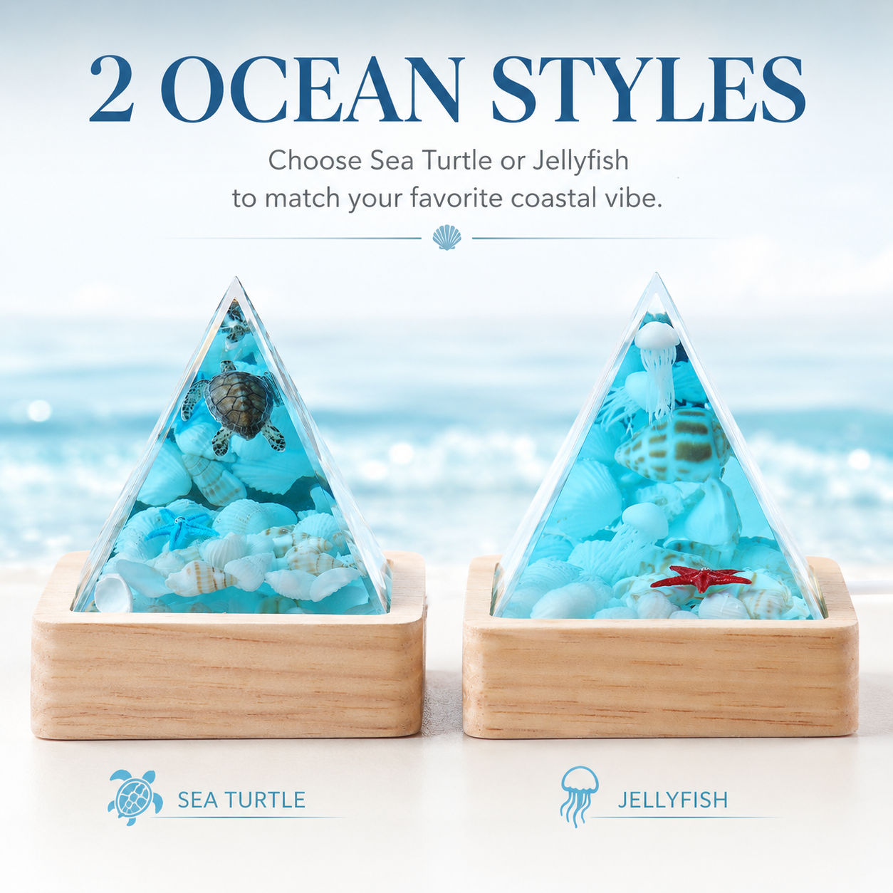 Ocean Pyramid Night Light, Mini Resin Sea Scene Lamp with Wood Base