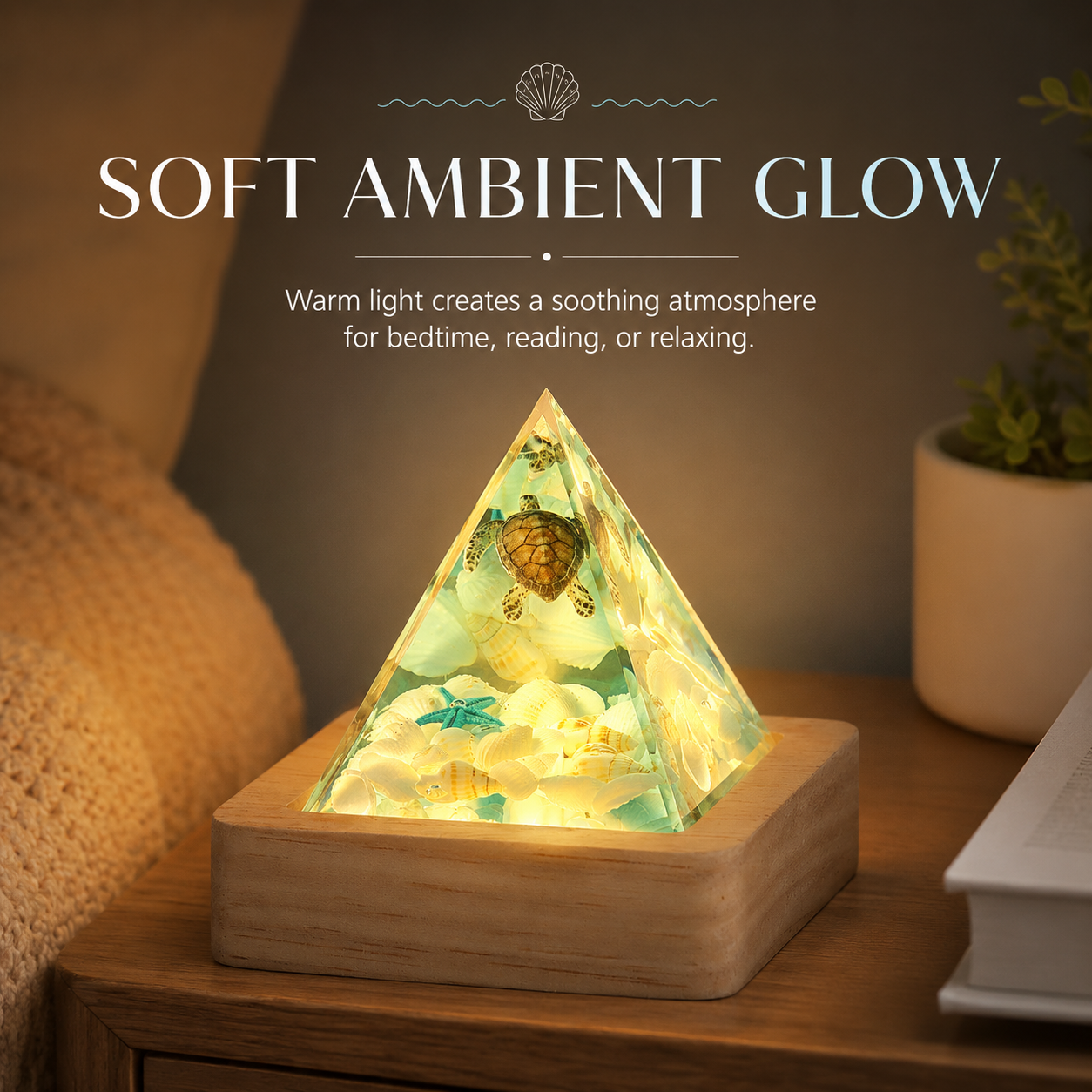 Ocean Pyramid Night Light, Mini Resin Sea Scene Lamp with Wood Base