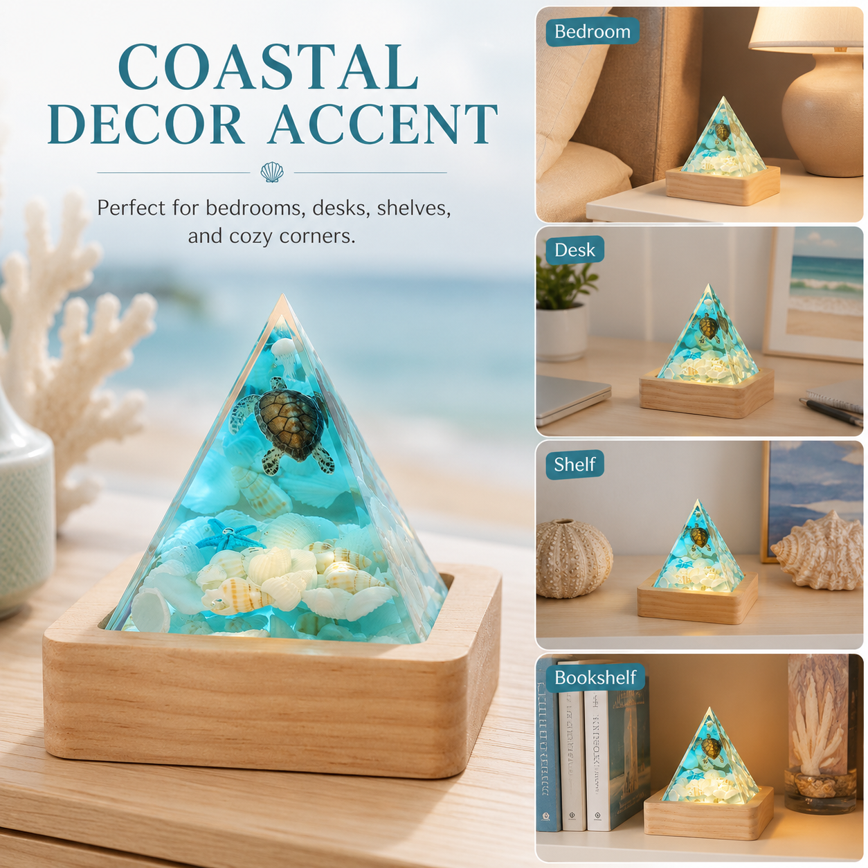 Ocean Pyramid Night Light, Mini Resin Sea Scene Lamp with Wood Base