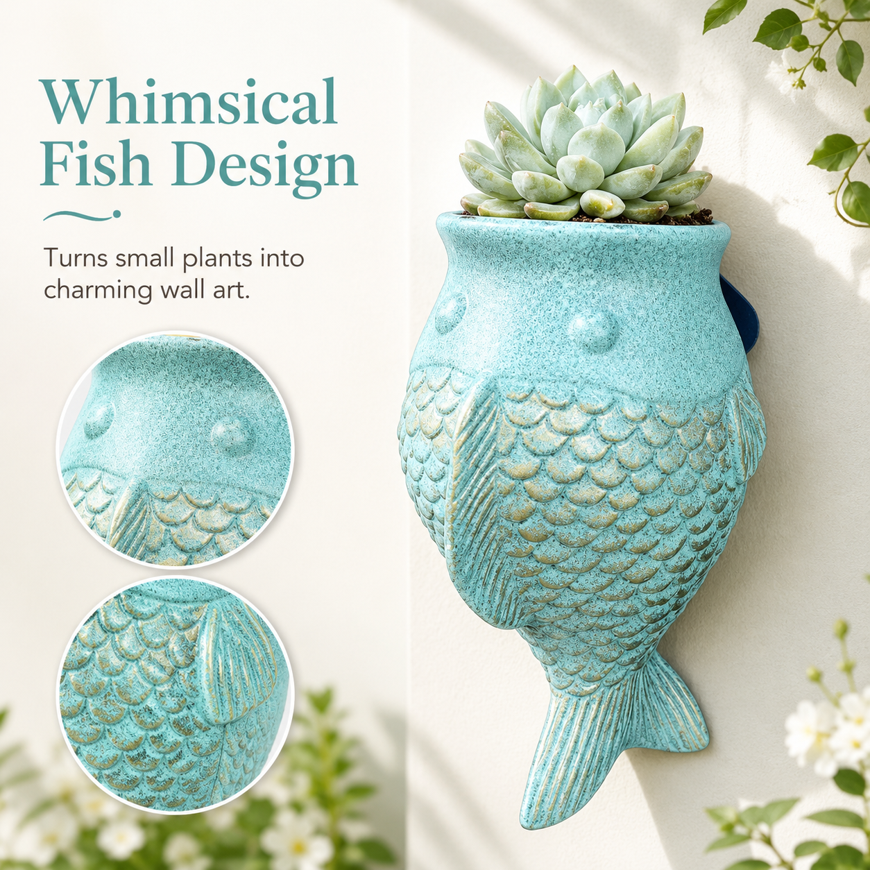 Wall Hanging Fish Planter, Resin Fish-Shaped Succulent Pot