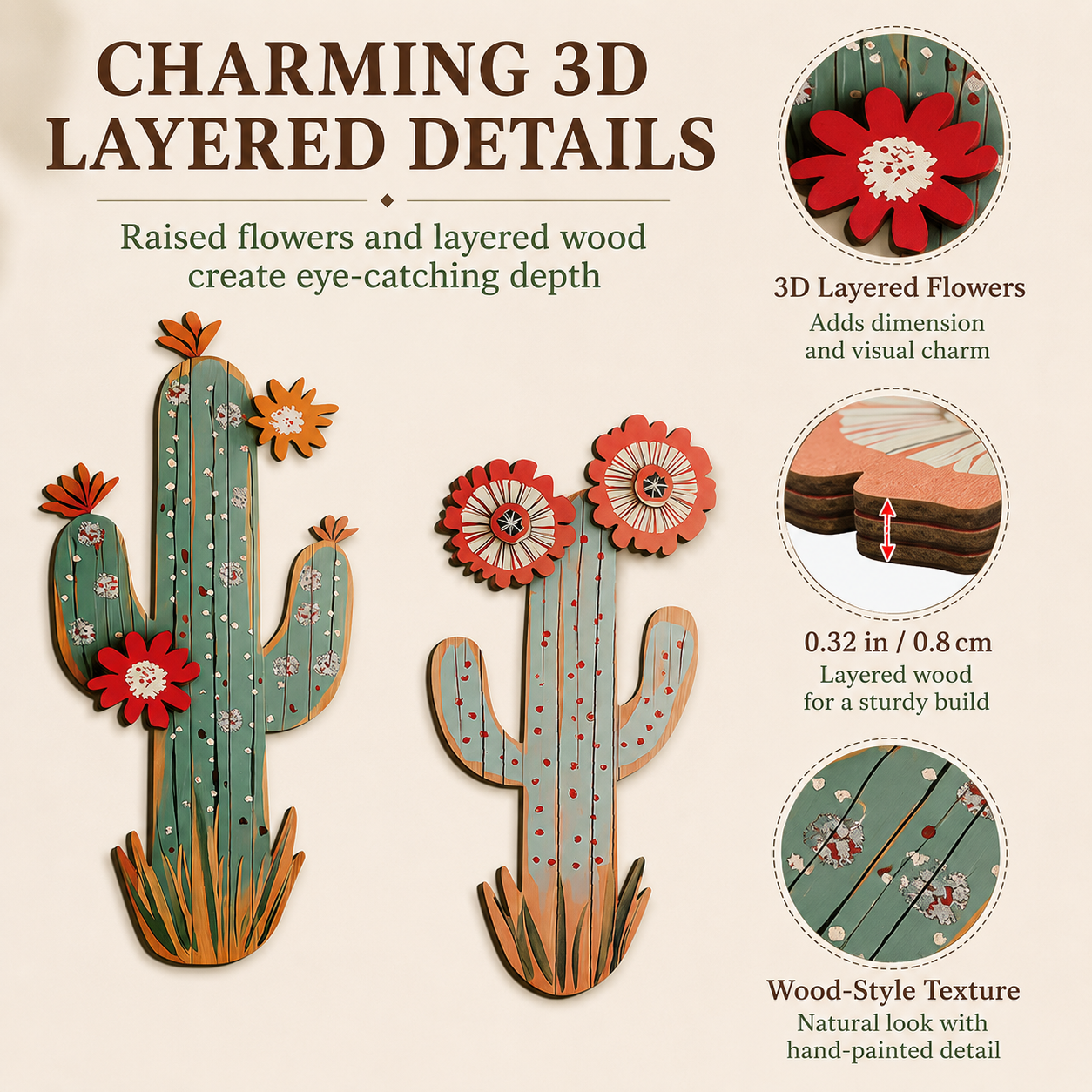 2 Pack Wooden Cactus Wall Decor 🌵
