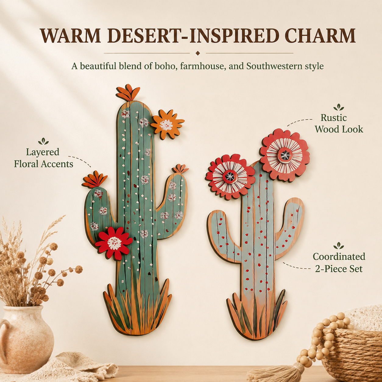 2 Pack Wooden Cactus Wall Decor 🌵
