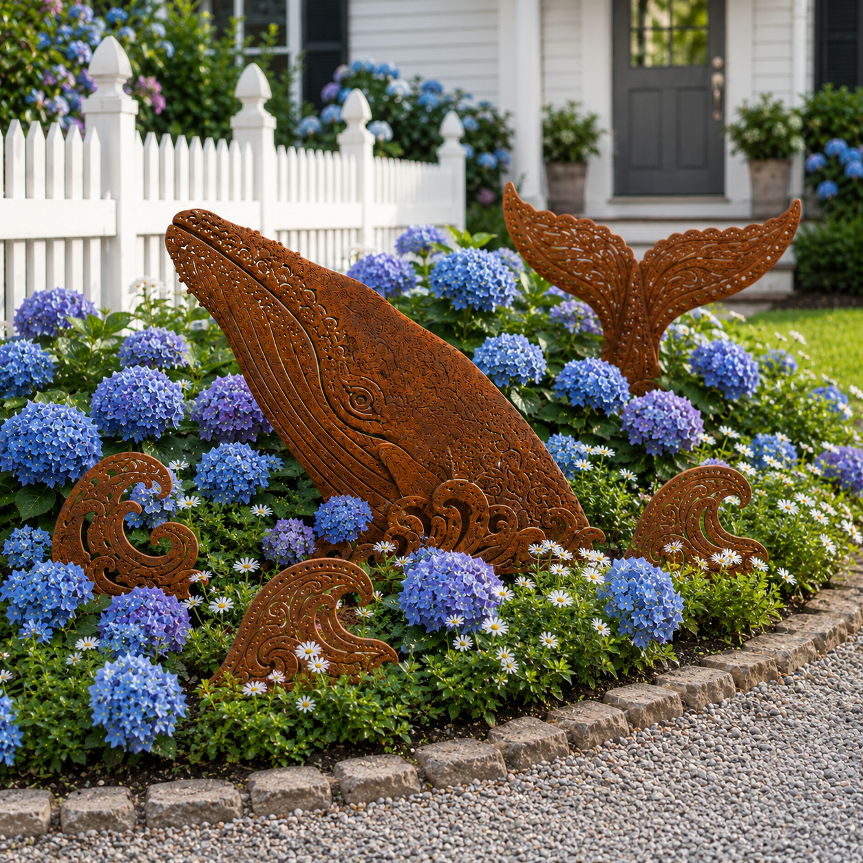 5-Piece Whale Garden Stakes – Rustic Metal Ocean Wave Yard Art