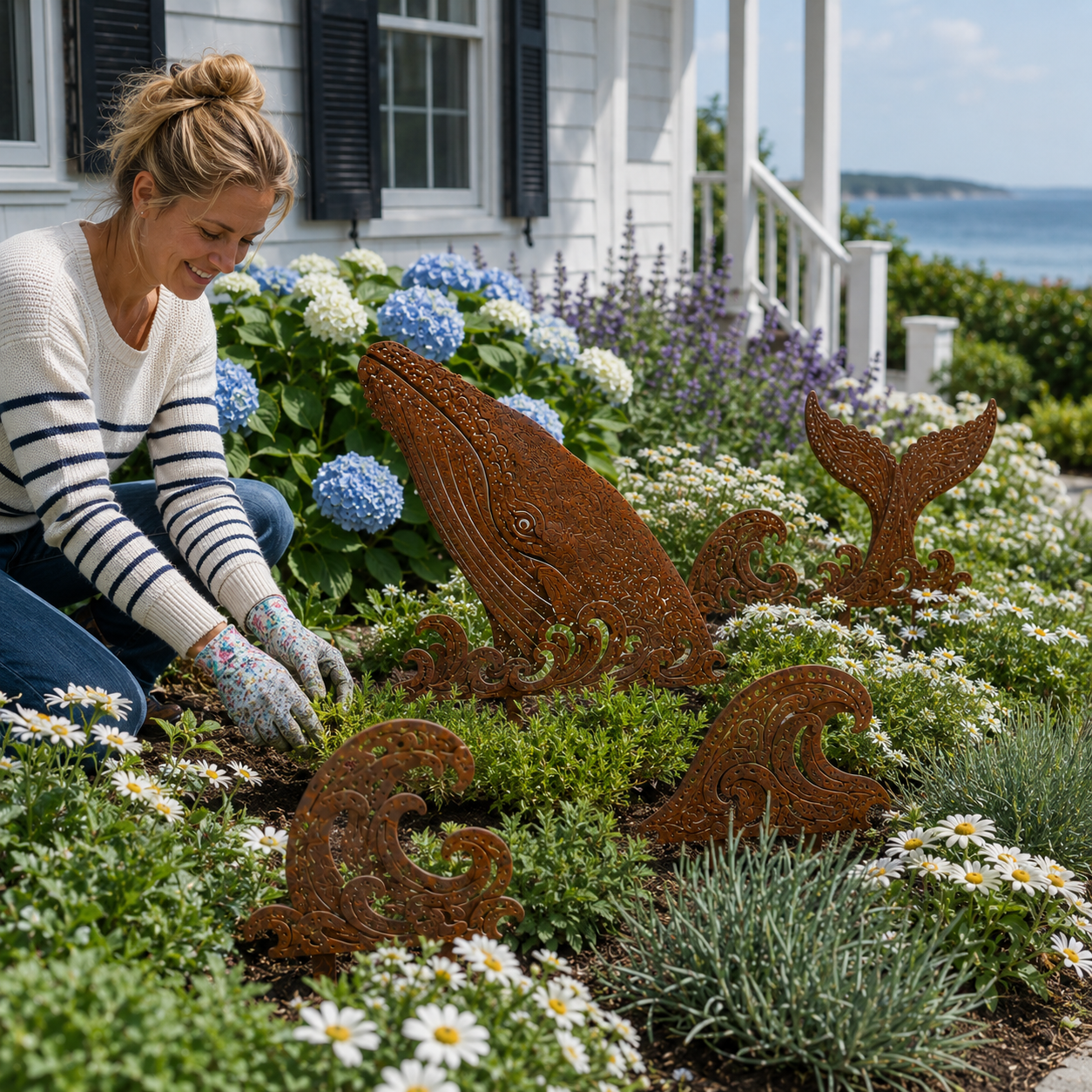5-Piece Whale Garden Stakes – Rustic Metal Ocean Wave Yard Art