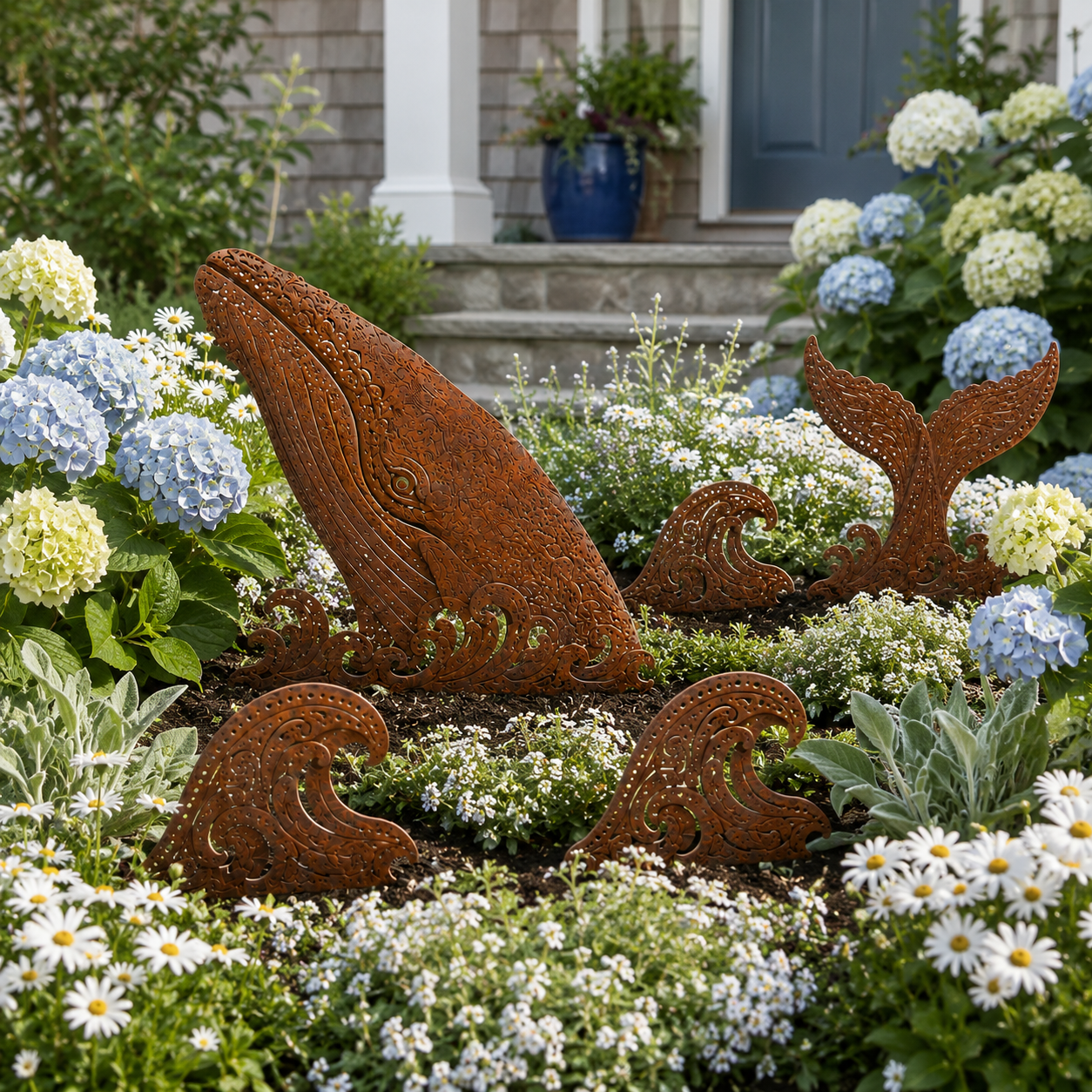 5-Piece Whale Garden Stakes – Rustic Metal Ocean Wave Yard Art