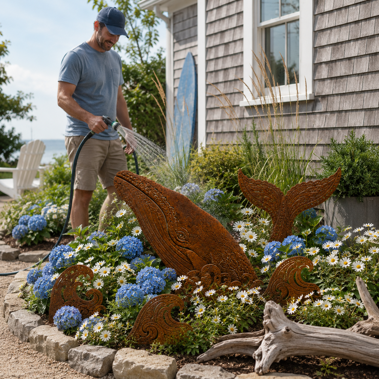5-Piece Whale Garden Stakes – Rustic Metal Ocean Wave Yard Art