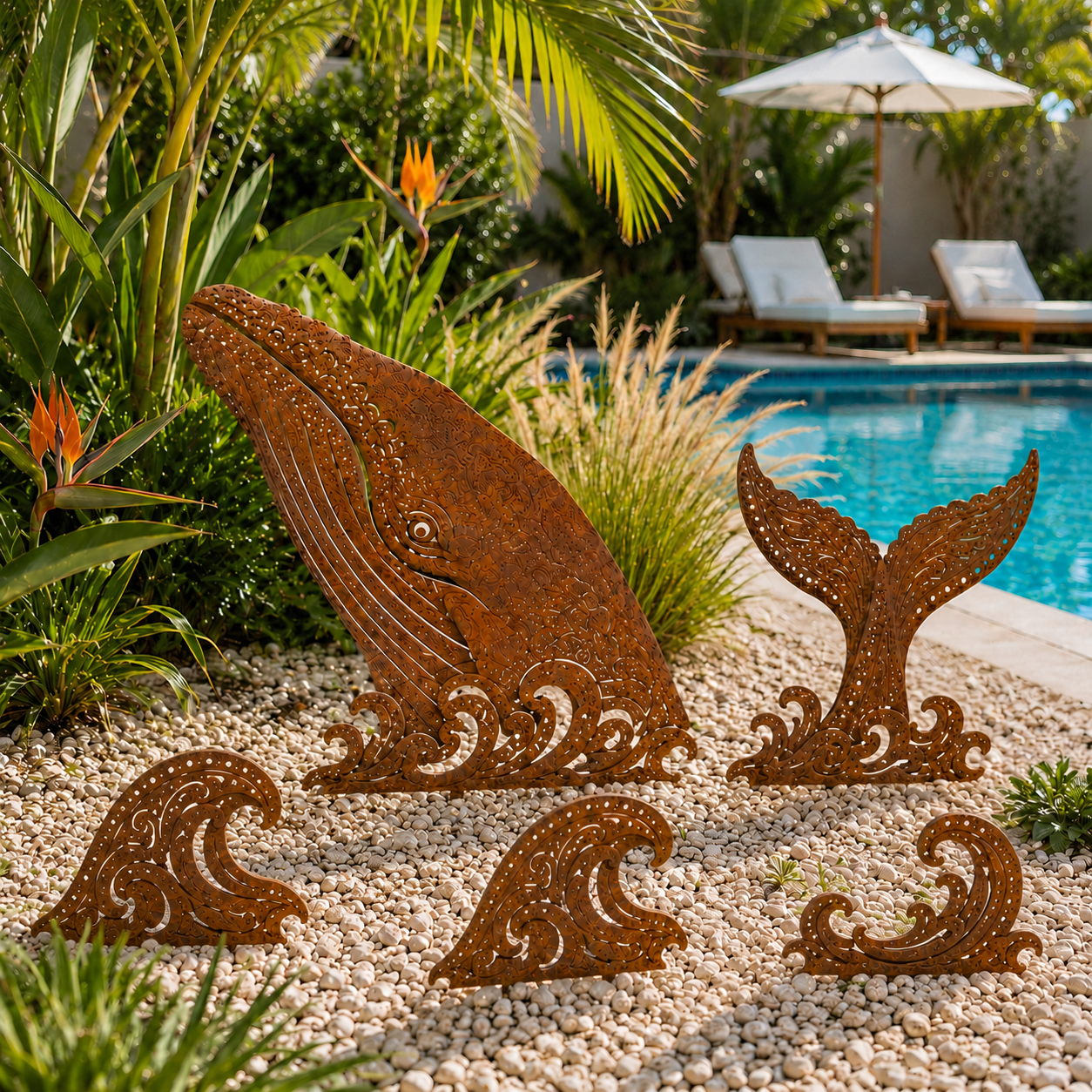 5-Piece Whale Garden Stakes – Rustic Metal Ocean Wave Yard Art